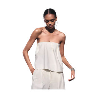 Zara Top Size S White Ecru Pleated Strapless Blouse Open Shoulder New w Tag